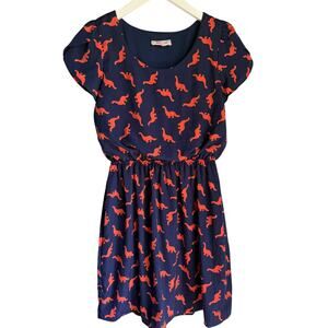 Peach Love California Dinosaur Print Dress Small Navy Orange Puff Sleeve Mini